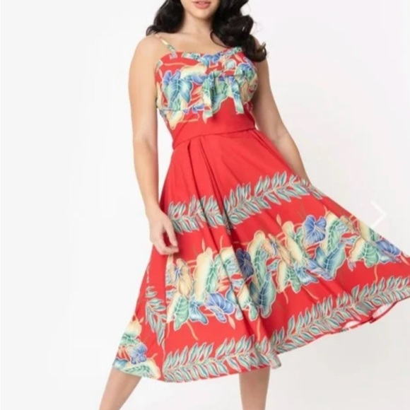 Unique Vintage x Kamehameha Red Hawaiian Print Kalani Swing Dress 5X - Picture 1 of 9